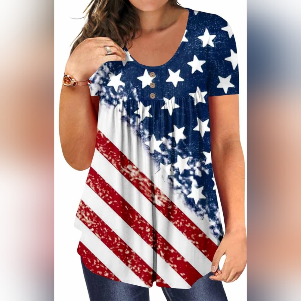 🆕 Women's PLUS SIZE Patriotic American Flag Print Knit Blouse
